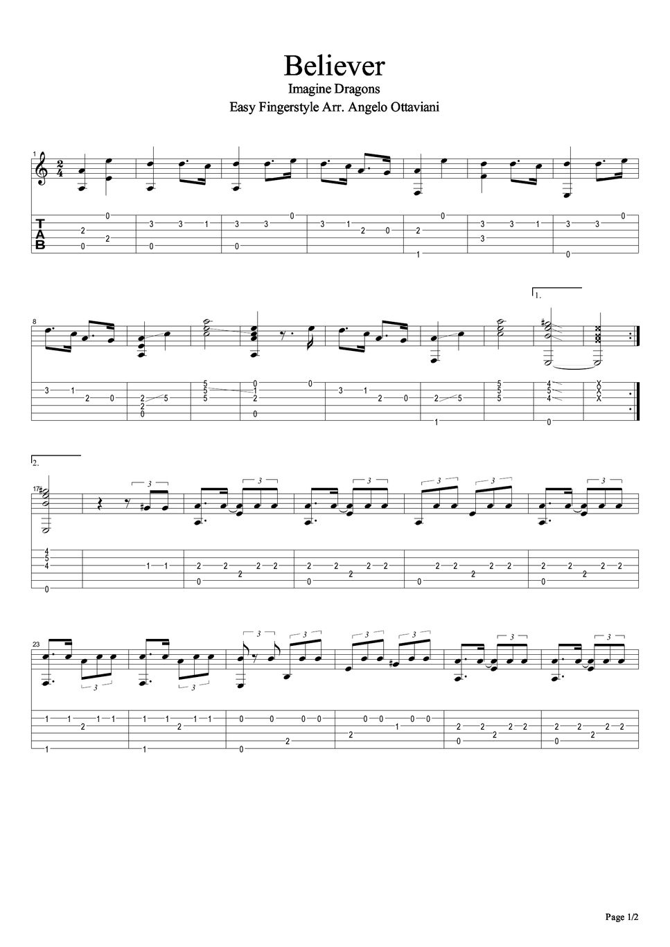 Imagine Dragons Believer Fingerstyle Tab + 단선 악보 by Guitar