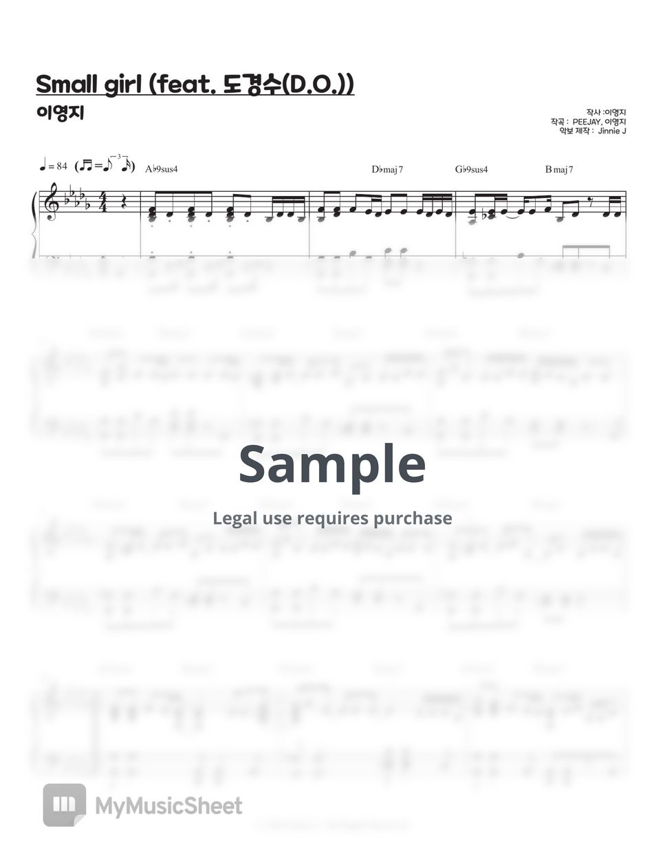 이영지 (Lee Young Ji) - Small girl (feat. 도경수 (D.O.)) (Db key / C key) Piano  Sheet Music PDF | Jinnie J | mymusic5