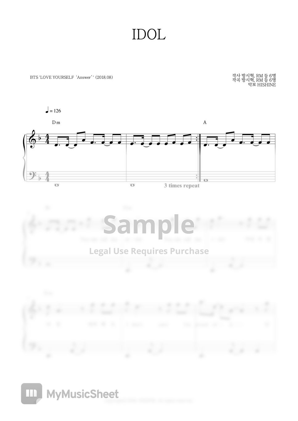 BTS 'IDOL' Easy Piano Sheet Music 楽譜