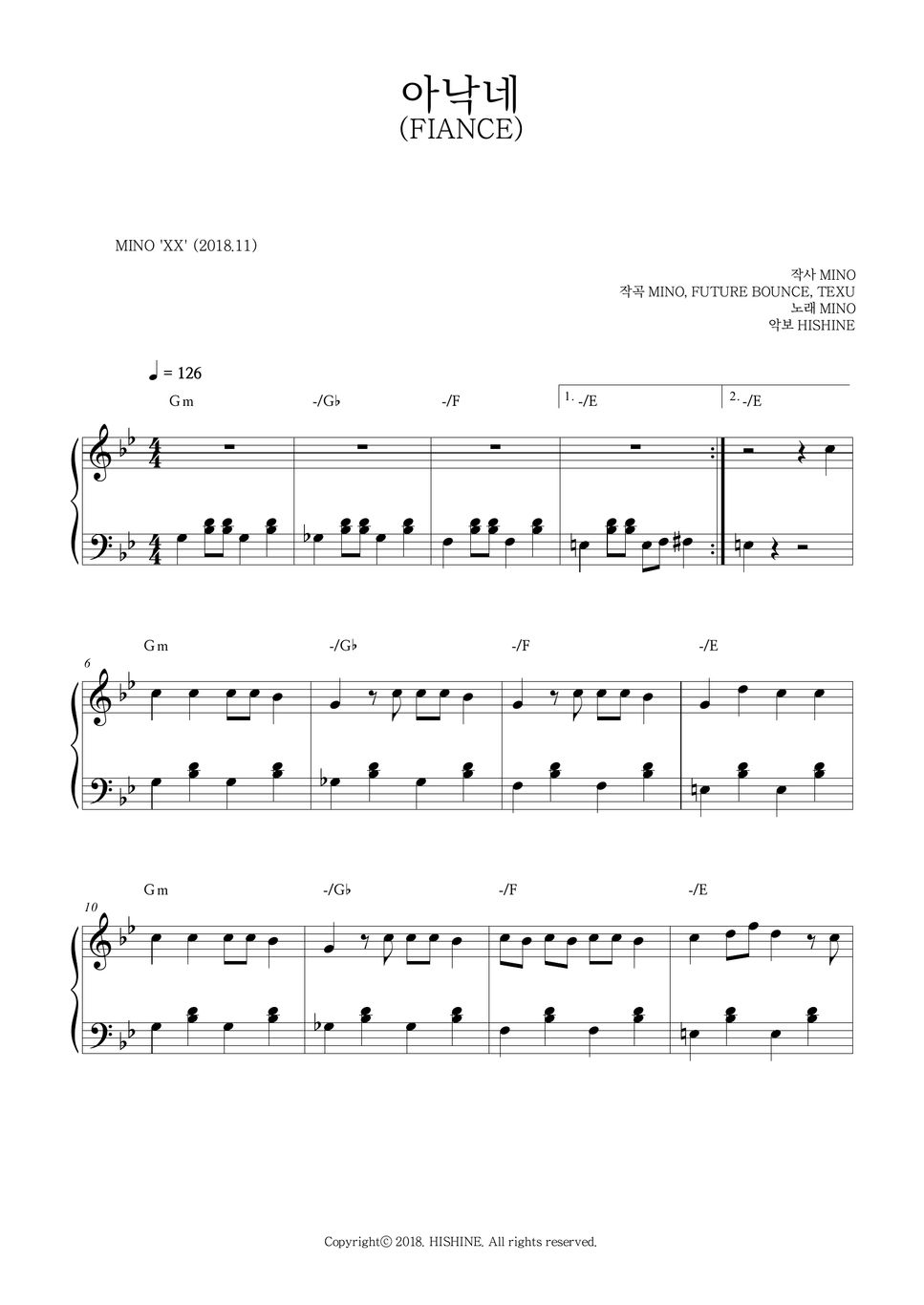 MINO - FIANCE (아낙네) Easy Piano Sheet Music 악보