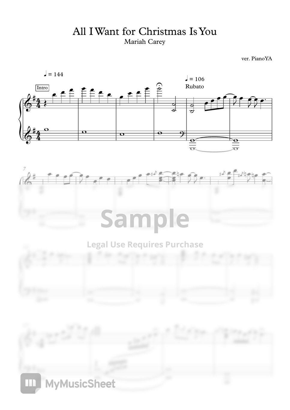 Mariah Carey All I Want for Christmas Is You (Hard Version) 악보 by PianoYA