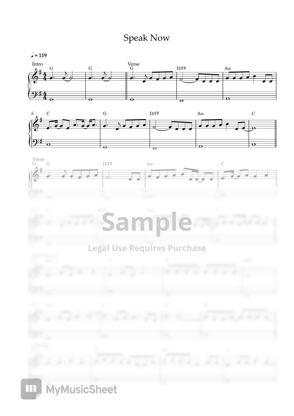 Taylor swift speak now easy piano sheet notenblatt by pianella piano