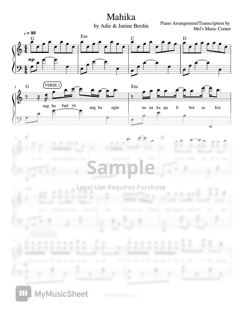 Adie - Mahika (piano Sheet Music) Sheets By Mel's Music Corner