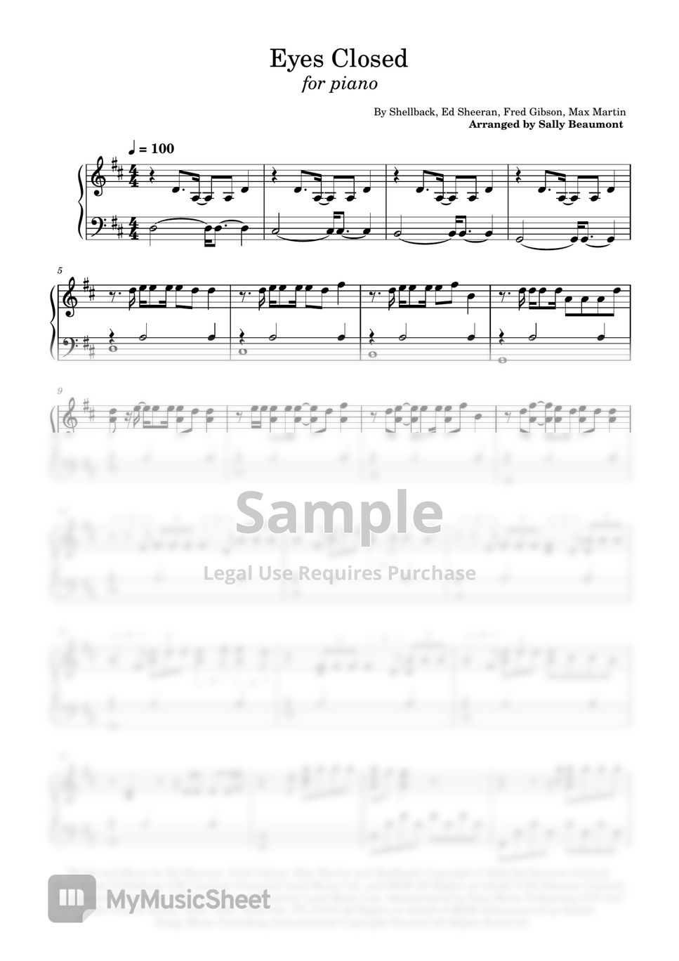 Ed Sheeran Eyes Closed Piano Cover Sheets by Sally Beaumont