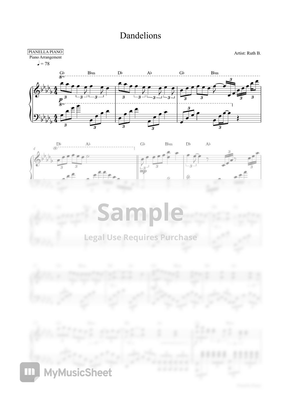 Ruth B. - Dandelions (Piano Sheet | Get 2 PDF: in Original Key Db Major & Easier Key C Major) by Pianella Piano