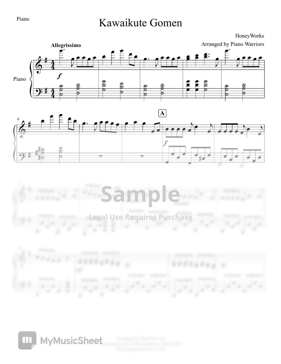 HoneyWorks Kawaikute Gomen Lembar Musik by Piano Warriors