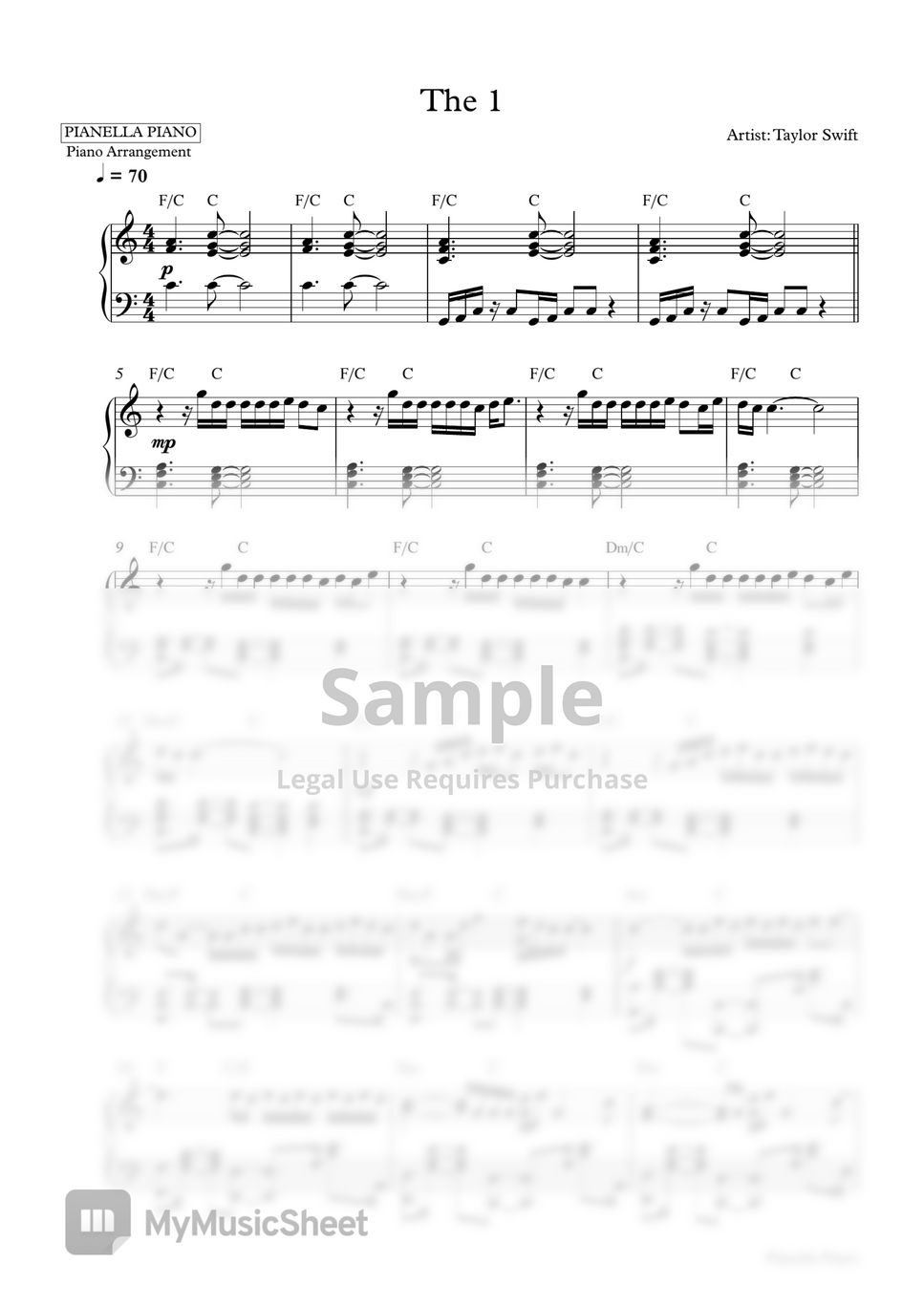 Taylor Swift - the 1 (Piano Sheet) by Pianella Piano
