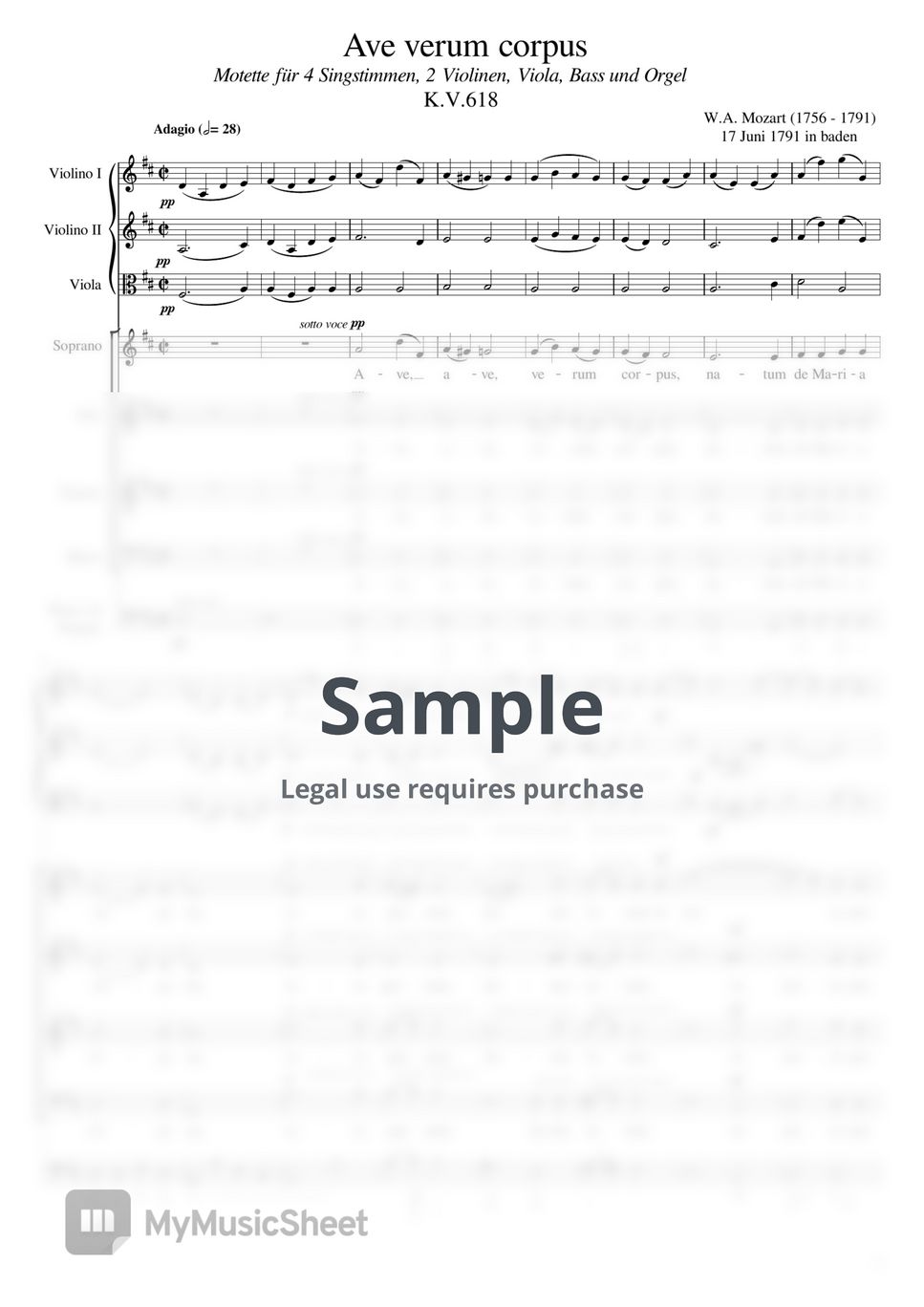 莫扎特 - Ave verum corpus, K.618 (Mozart - Ave verum corpus, K.618 - Strings and SATB Original - Score and Parts) by poon