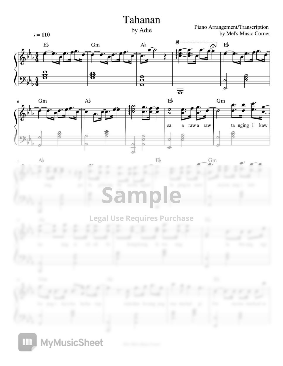 Adie - Tahanan (piano sheet music) by Mel's Music Corner