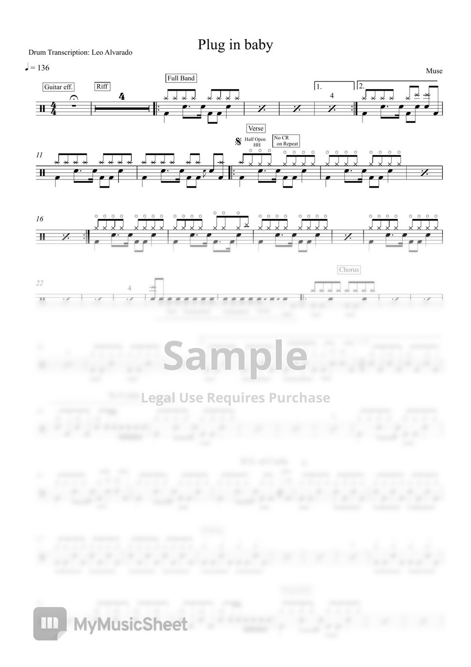 Muse - Plug In Baby Partition Musicale By Drum Transcription: Leo Alvarado