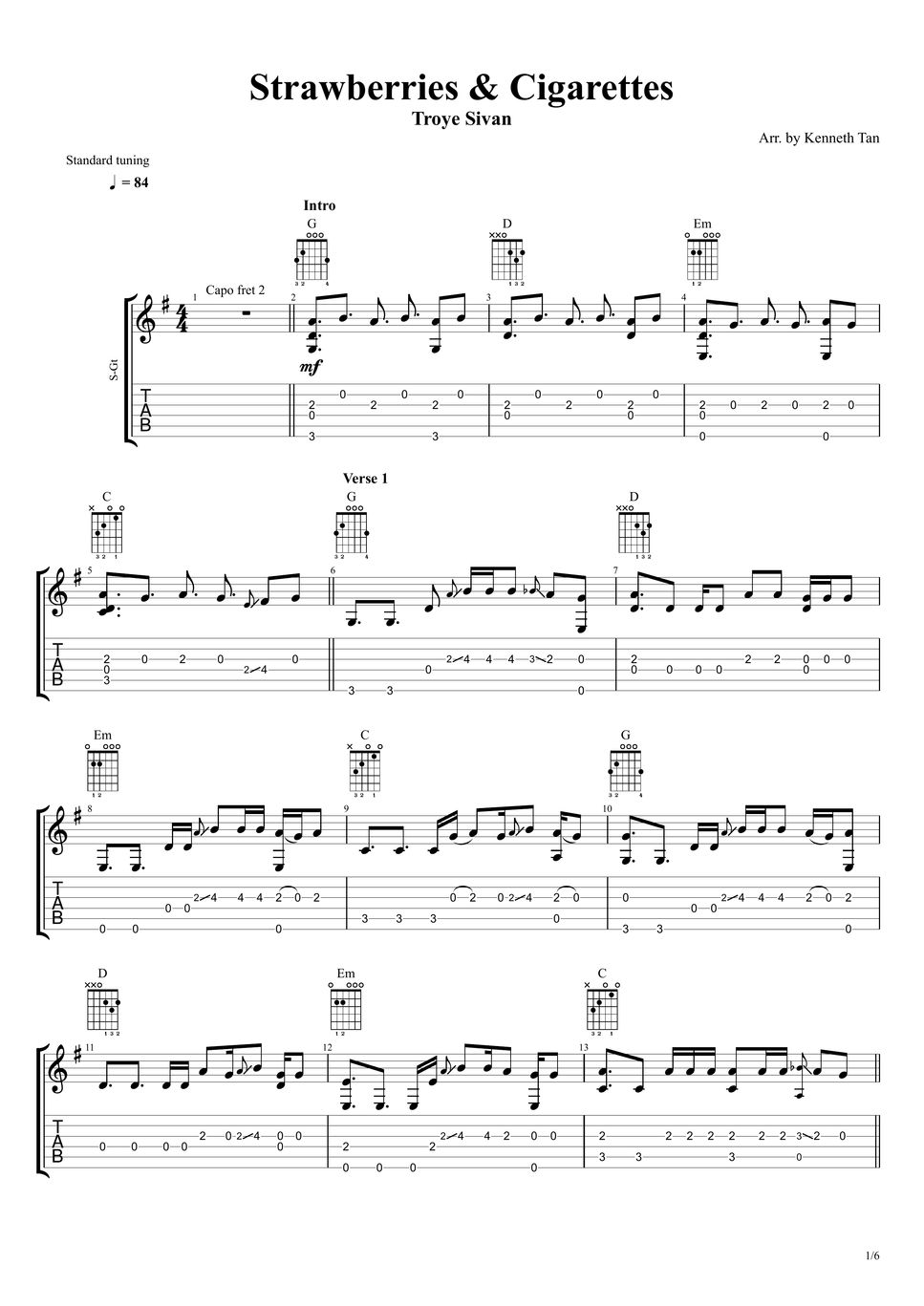 Troye Sivan Fingerstyle Guitar Strawberries & Cigarettes TAB by