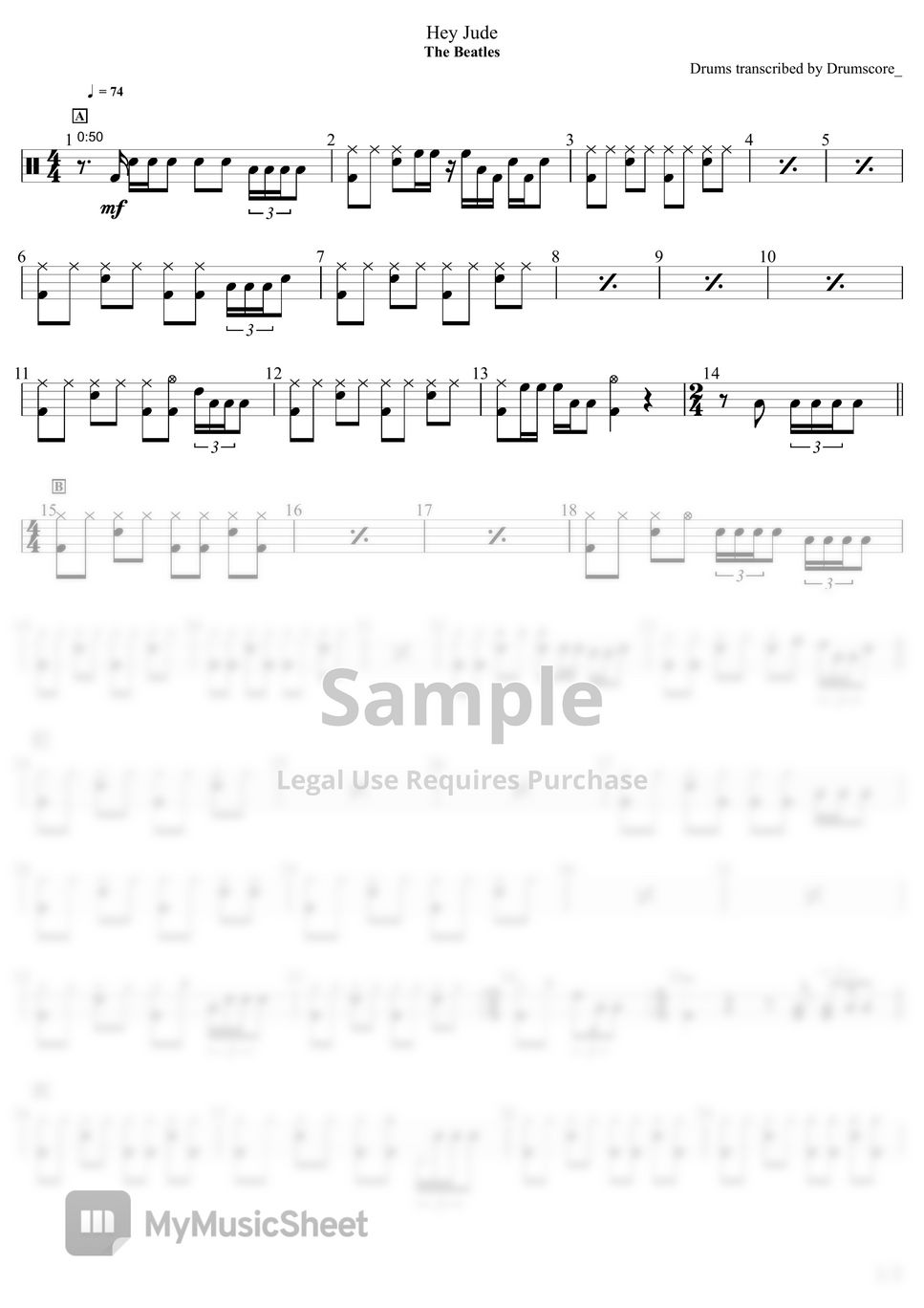 The Beatles Hey Jude (Drum score) Sheets by Drumscore_
