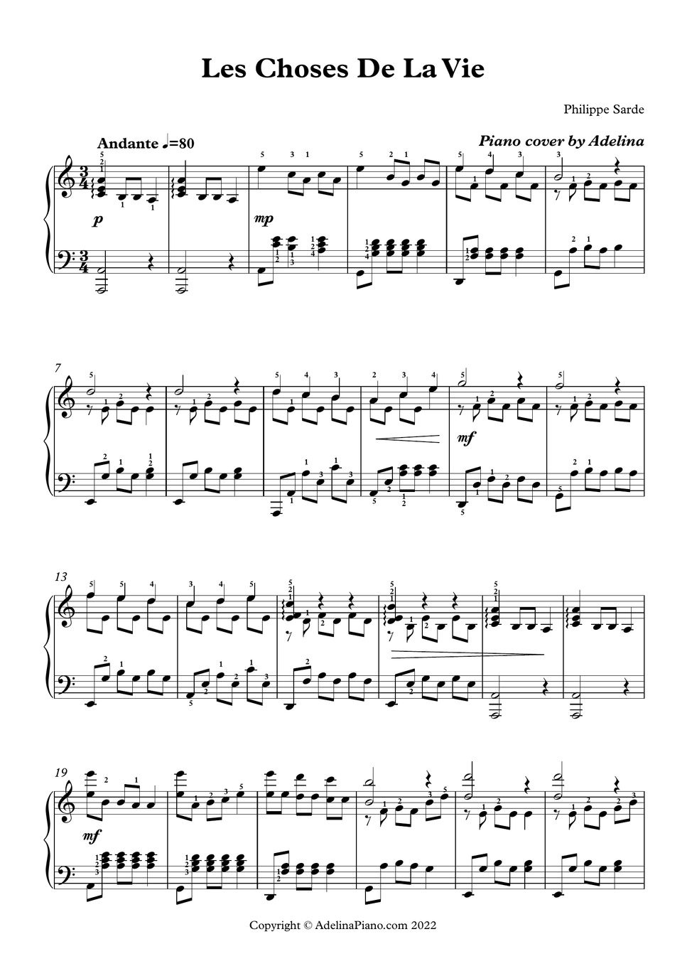 Philippe Sarde Les Choses De La Vie Spartito by Adelina Piano