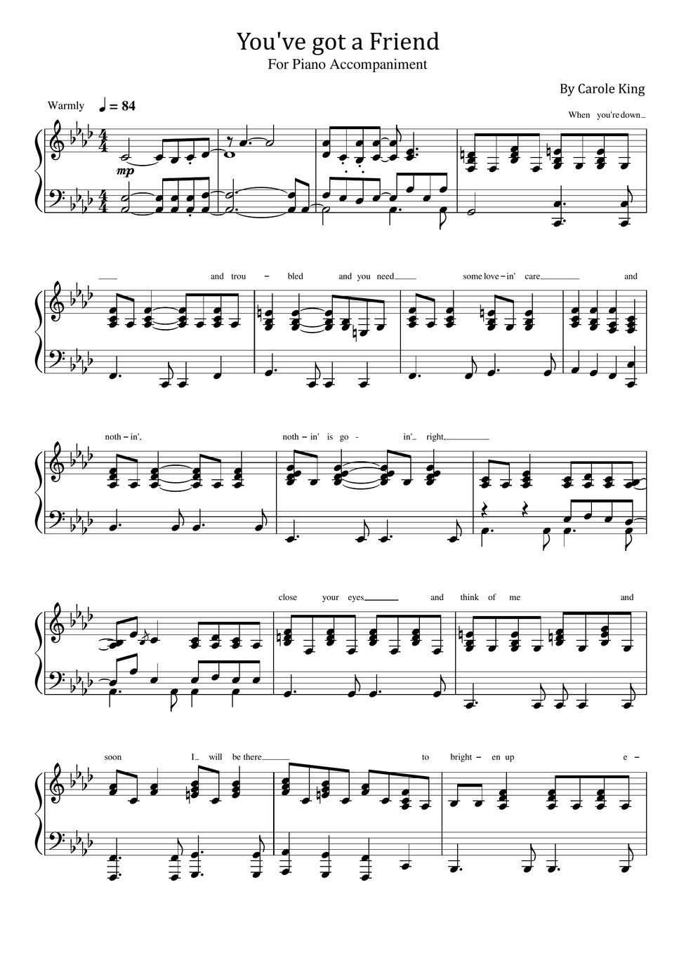 Carole King You Ve Got A Friend For Piano Accompaniment With Lyrics Sheets By Poon