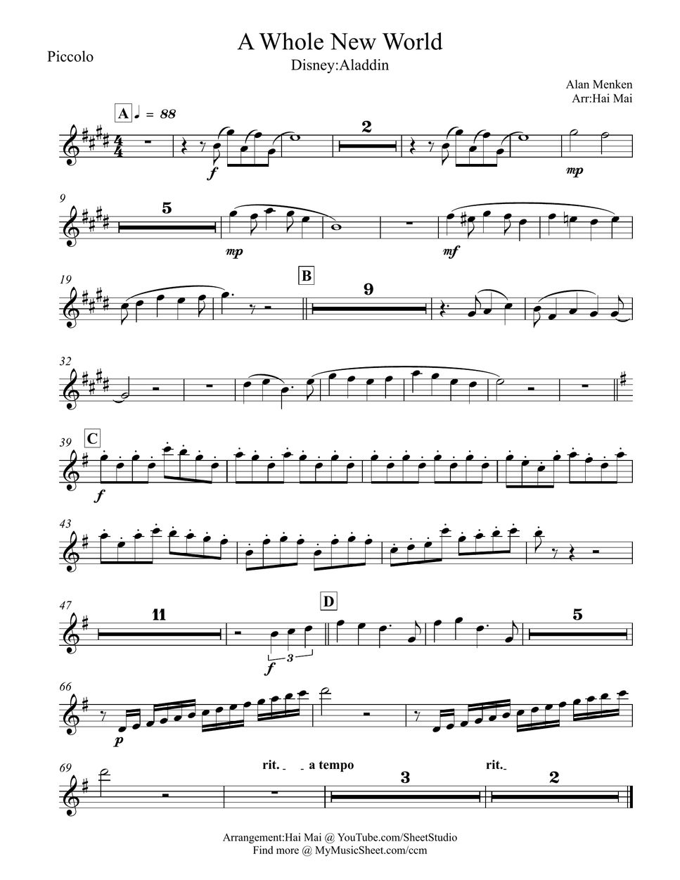 Alan Menken - A Whole New World for Orchestra - Set of Part Sheet by ...