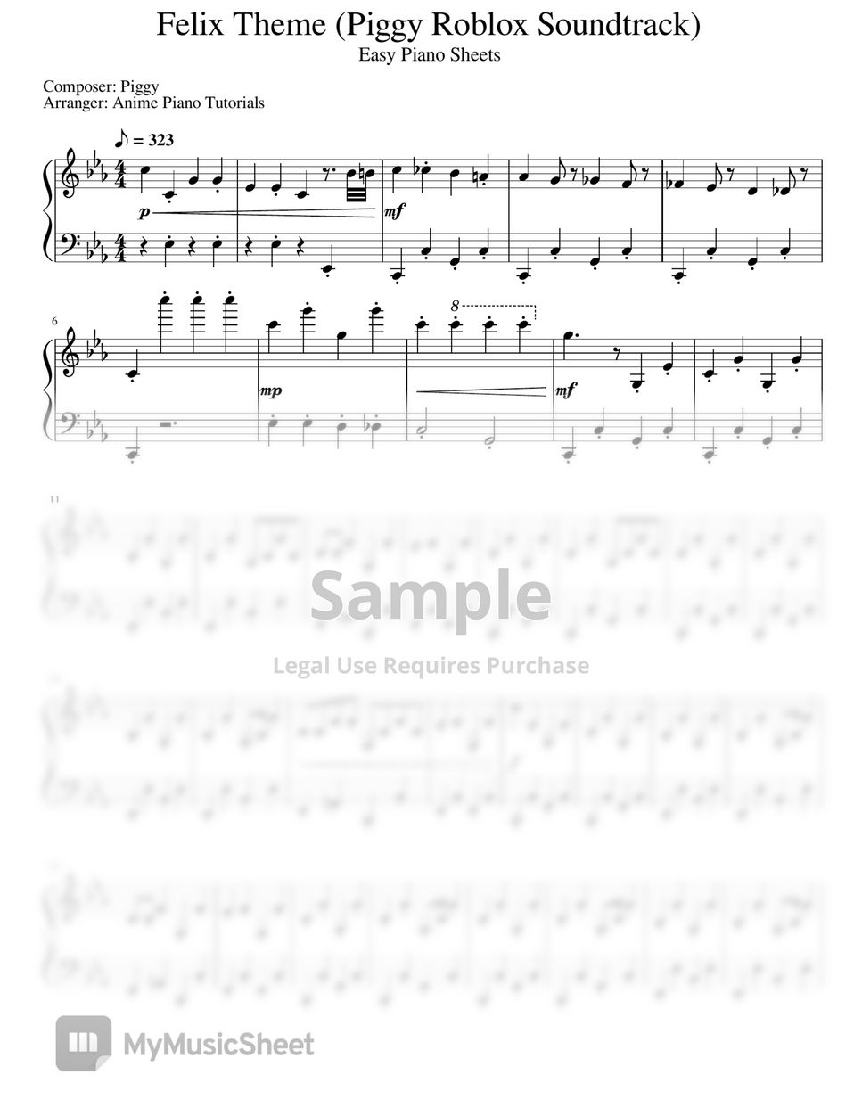 Roblox - Felix Theme (Easy) Sheet Music by Anime Piano Tutorials