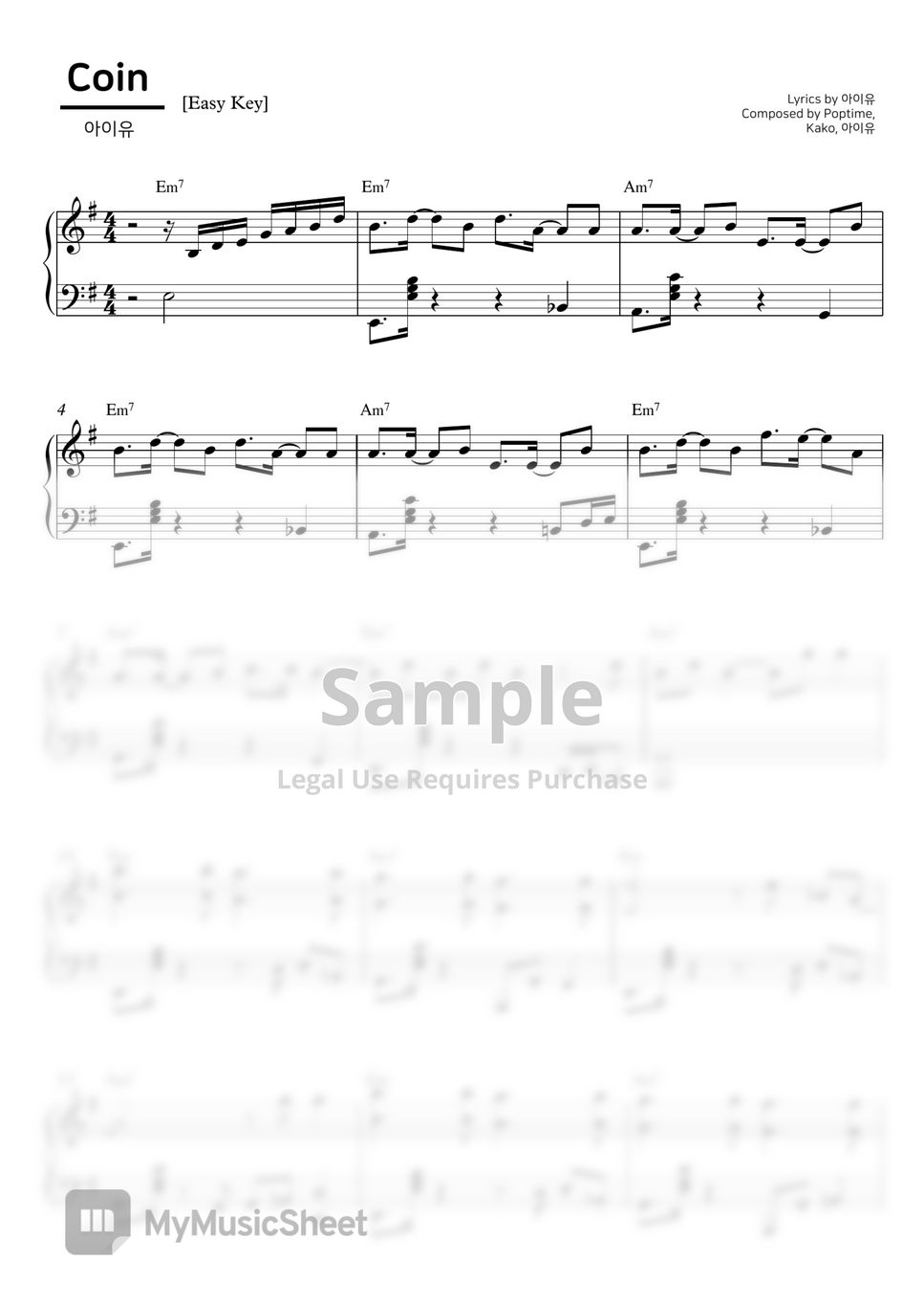 IU (아이유) - Coin (코인) (Easy Key Include) 피아노 악보 PDF | SweetPiano | mymusic5