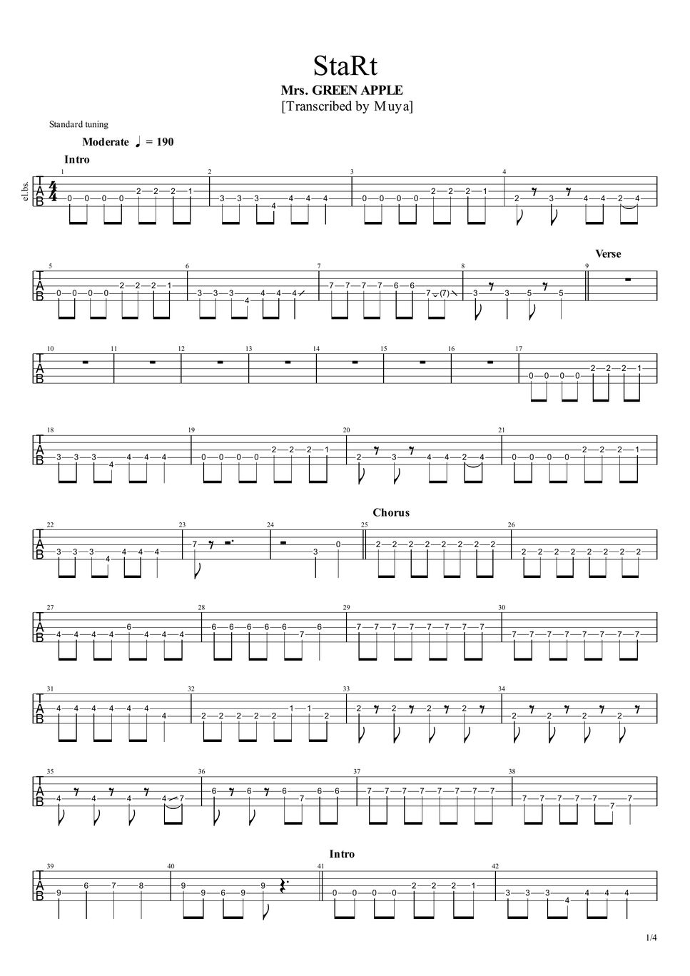 Mrs. GREEN APPLE - StaRt (Bass TAB) 楽譜 by Muya
