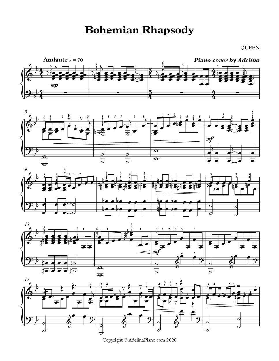 QUEEN - Bohemian Rhapsody Sheet by Adelina Piano