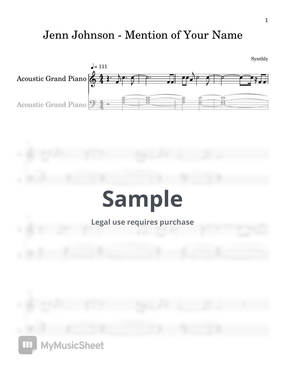 Jenn Johnson - Mention of Your Name (EASY PIANO SHEET) by Synthly