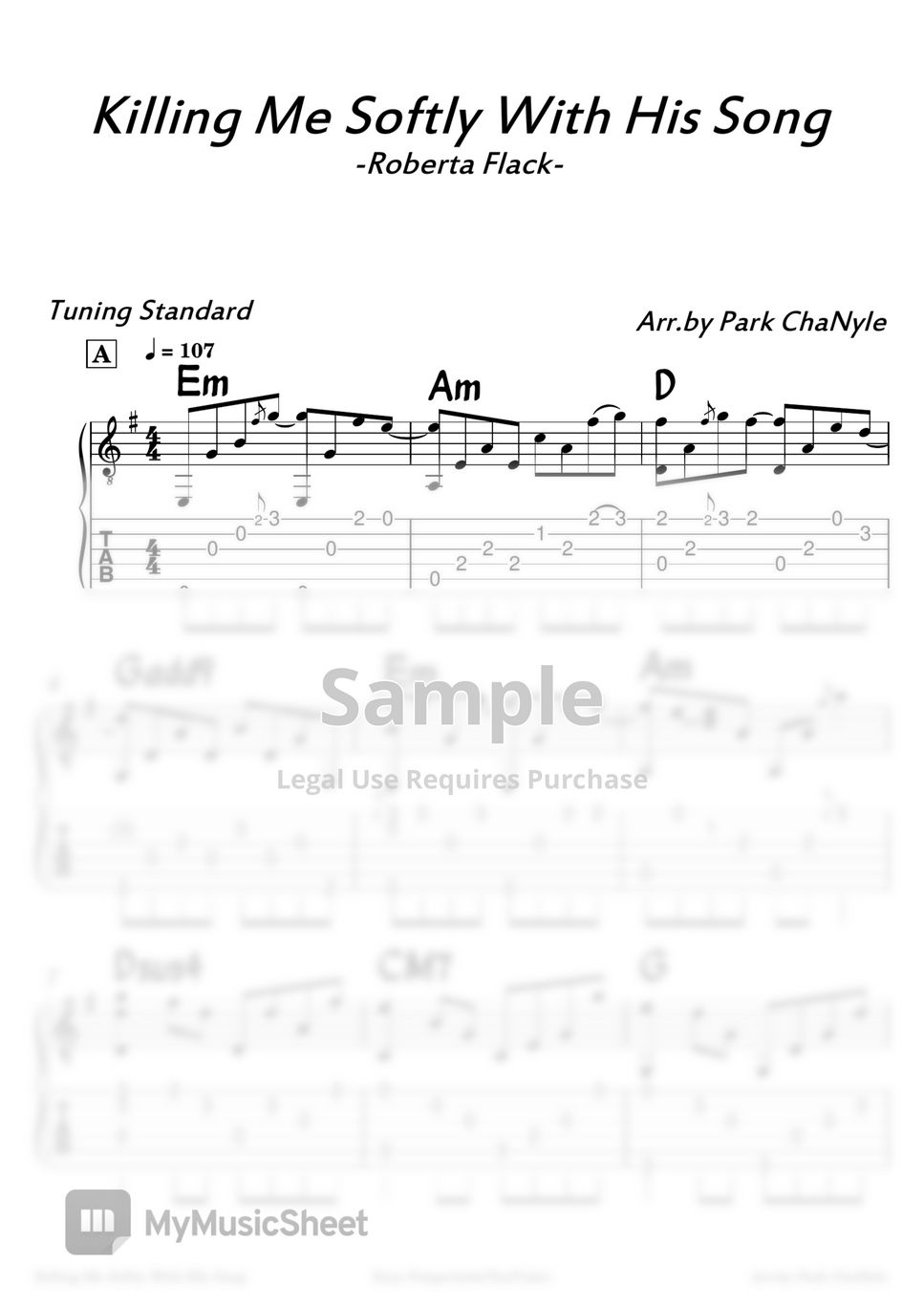 Charles Fox Killing Me Softly With His Song (Acoustic Fingerstyle Guitar) Tab + 단선 악보 by Park