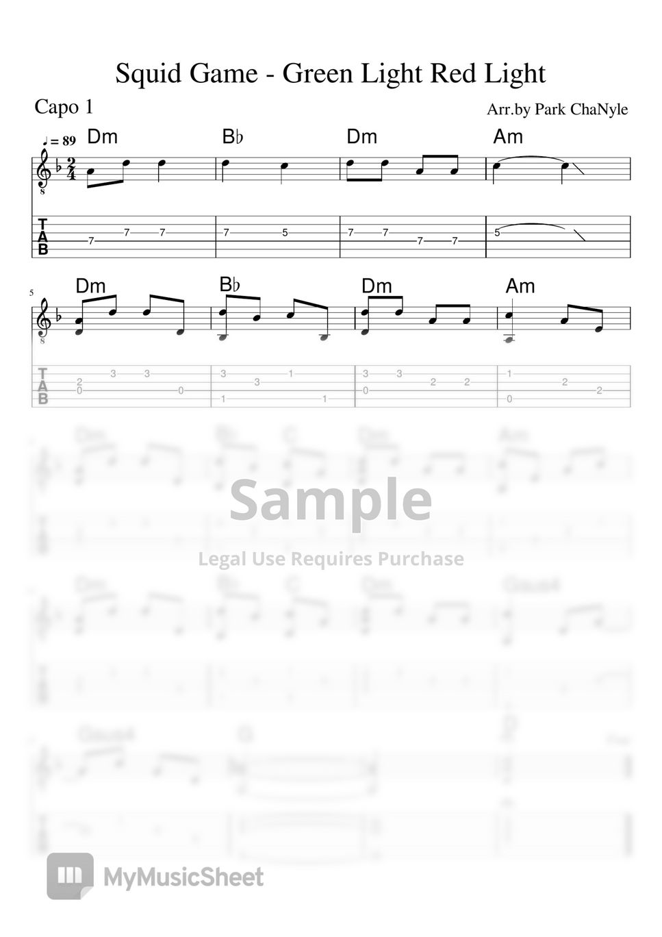 Unknown Squid Game Green Light Red Light (Fingerstyle) Tab + 단선 악보 by Park ChaNyle