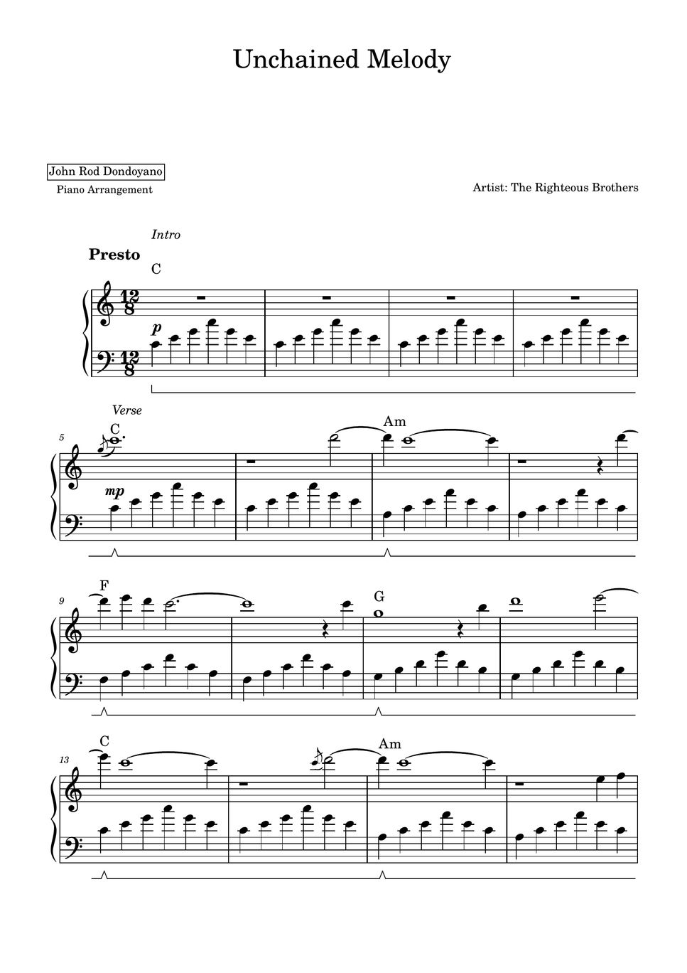 The Righteous Brothers Unchained Melody (PIANO SHEET) Sheets by John