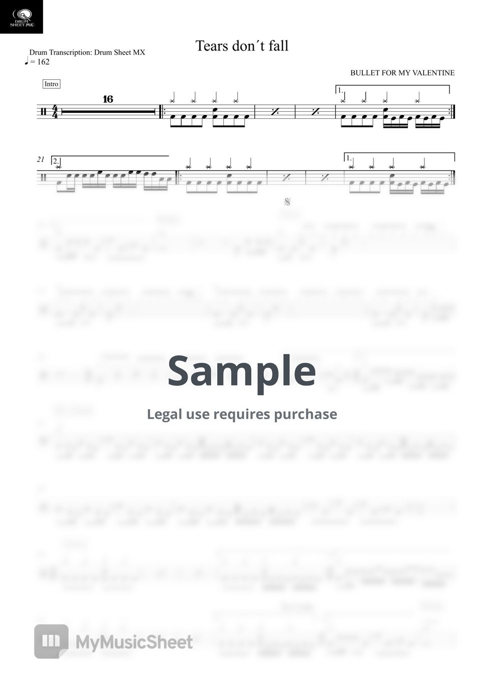 BULLET FOR MY VALENTINE Tears don´t fall Sheets by Drum Transcription