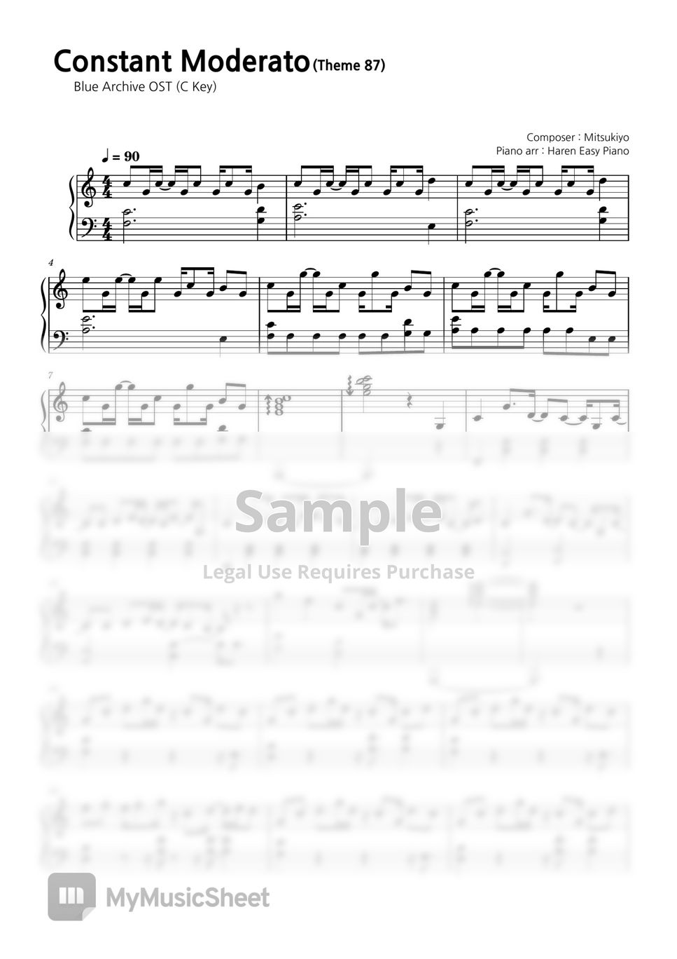 블루 아카이브 OST - Constant Moderato (원키 + C키) by Haren Easy Piano
