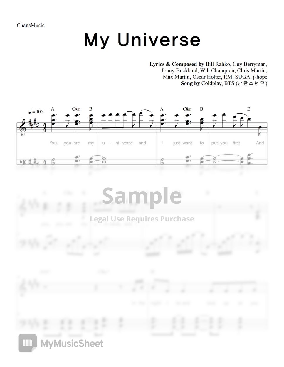 Coldplay X BTS My Universe (코드, 가사 포함) 악보 by ChansMusic