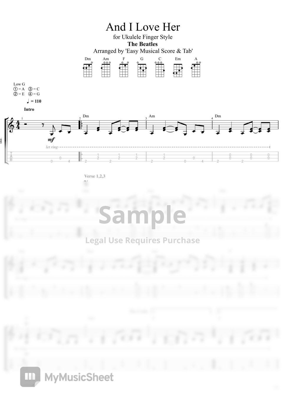 The Beatles - 'And I Love Her' Tab for Ukulele Finger Style (for 'Low G Tuning') by "Easy Musical Score & Tab"