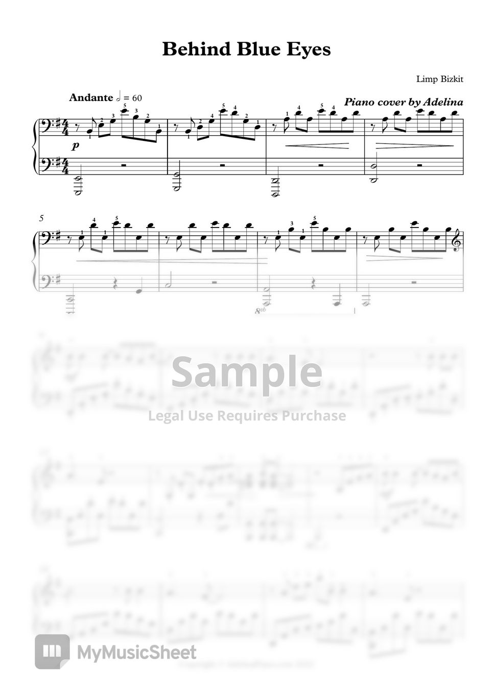 Limp Bizkit Behind Blue Eyes Sheets by Adelina Piano