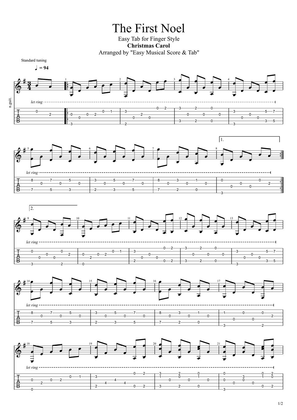 Christmas Carol The First Noel (Easy Tab for Finger Style) Tab