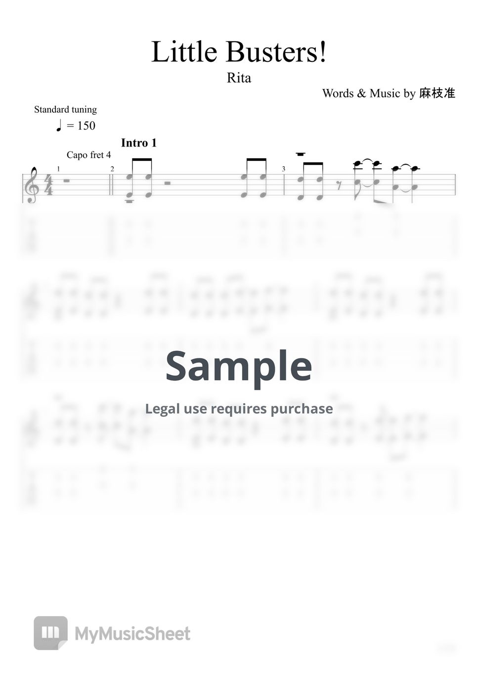 Rita Little Busters! (Fingerstyle) Tab + 단선 악보 by u3danchou