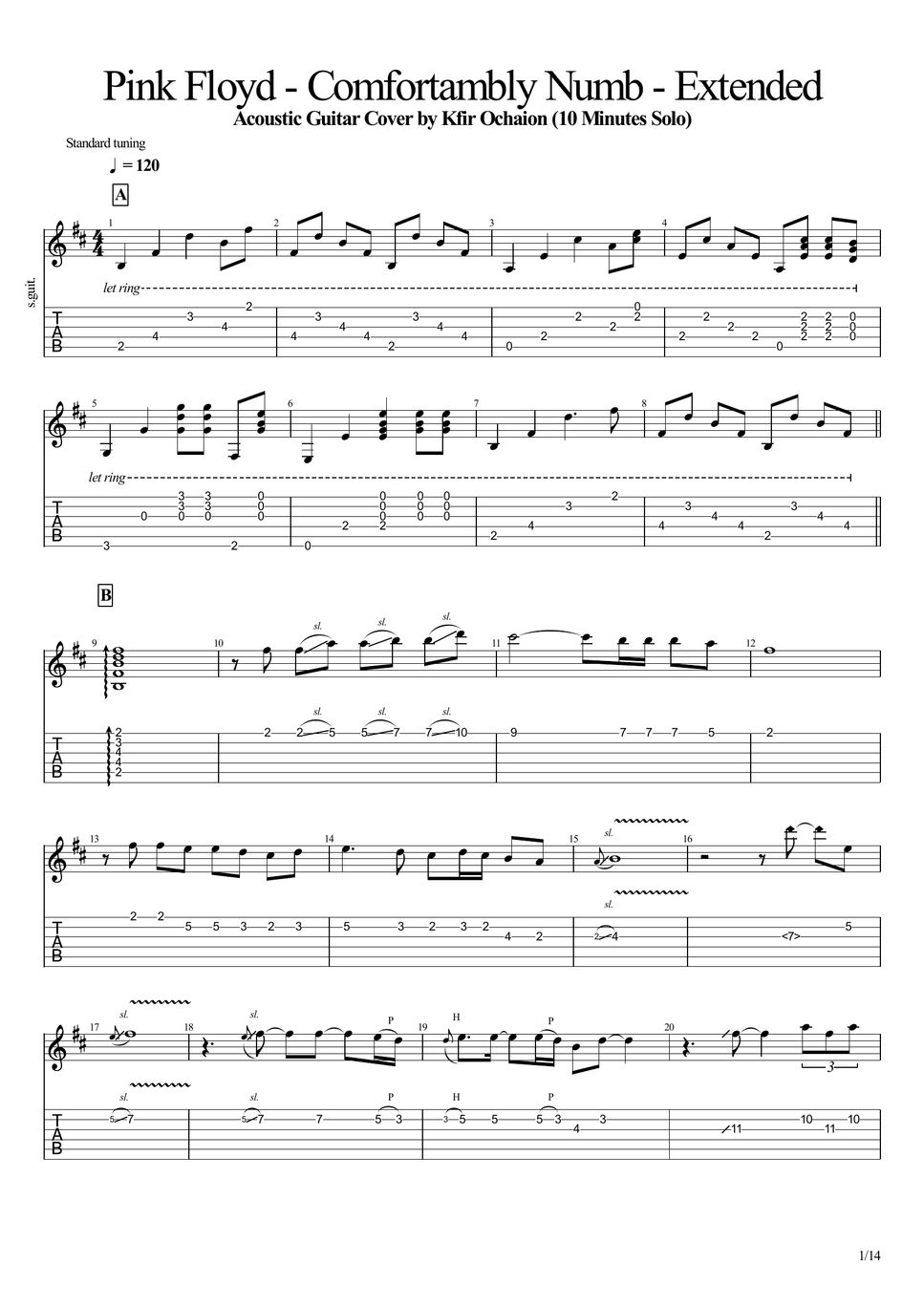 Pink floyd comfortably numb acoustic extended tab 1staff by