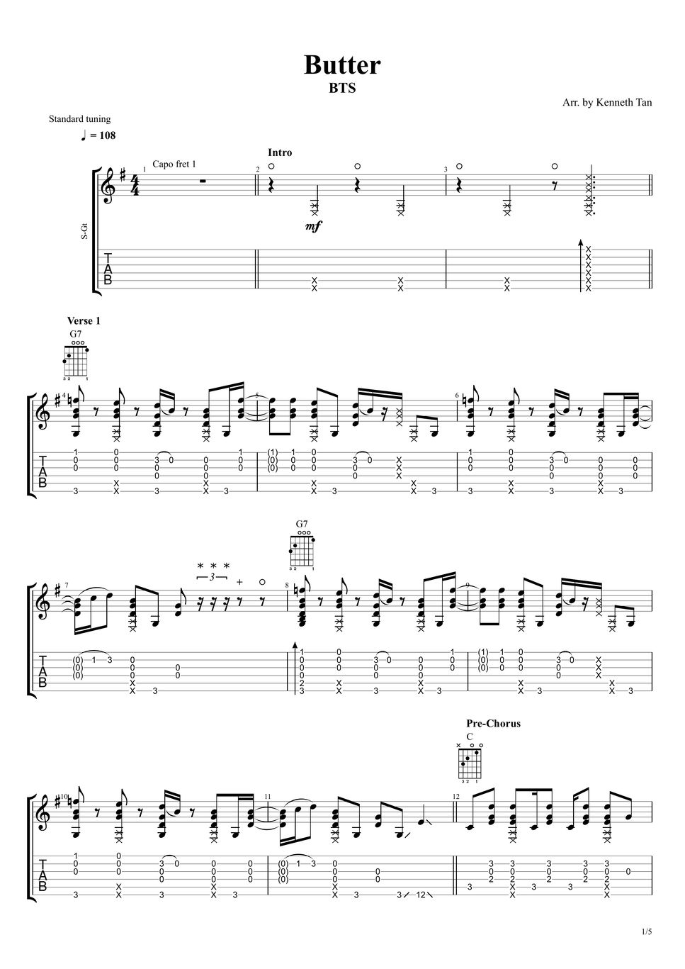 BTS (방탄소년단) Fingerstyle Guitar Butter Sheets by Acoustic