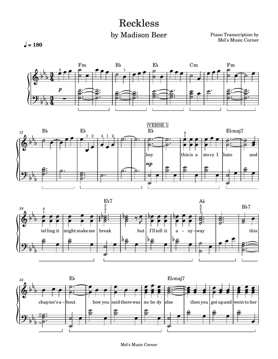 Madison Beer - Reckless (piano sheet music) by Mel's Music Corner