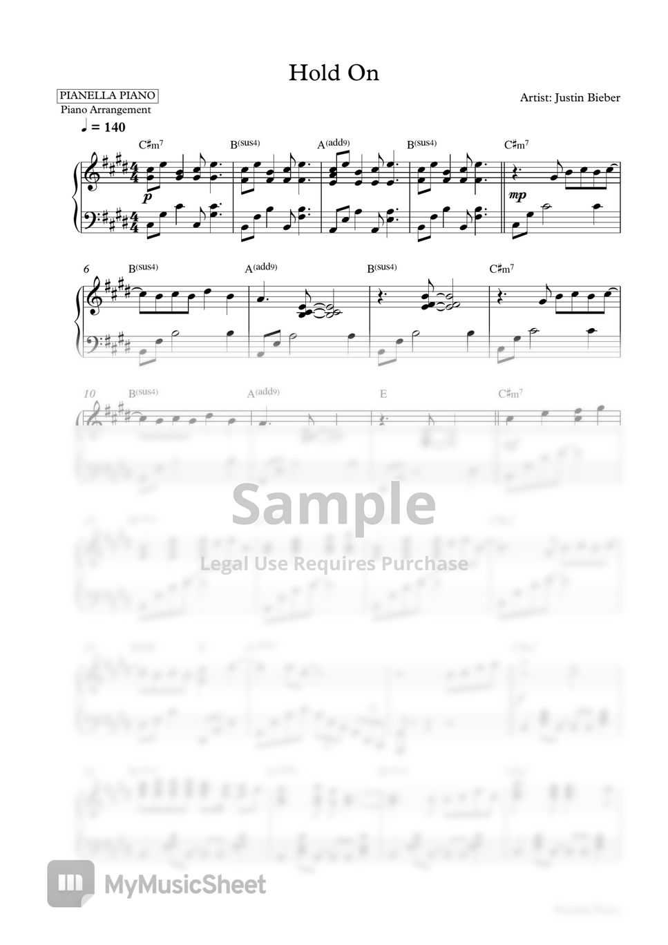 Justin Bieber - Hold On (Piano Sheet) by Pianella Piano