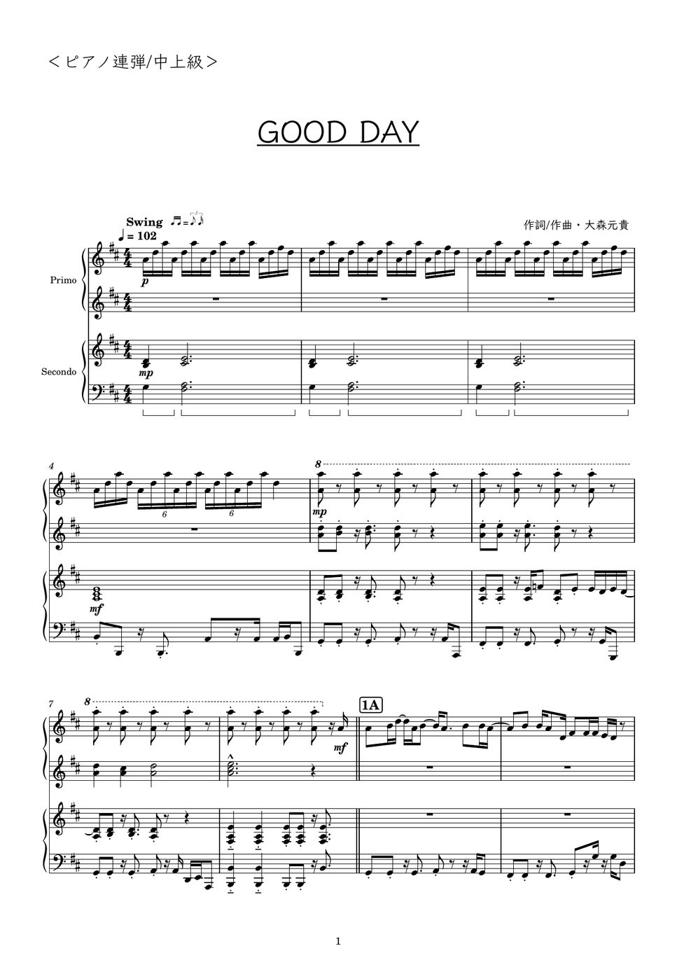 Mrs. GREEN APPLE - GOOD DAY：ピアノ連弾/中上級 (キリングッドエール