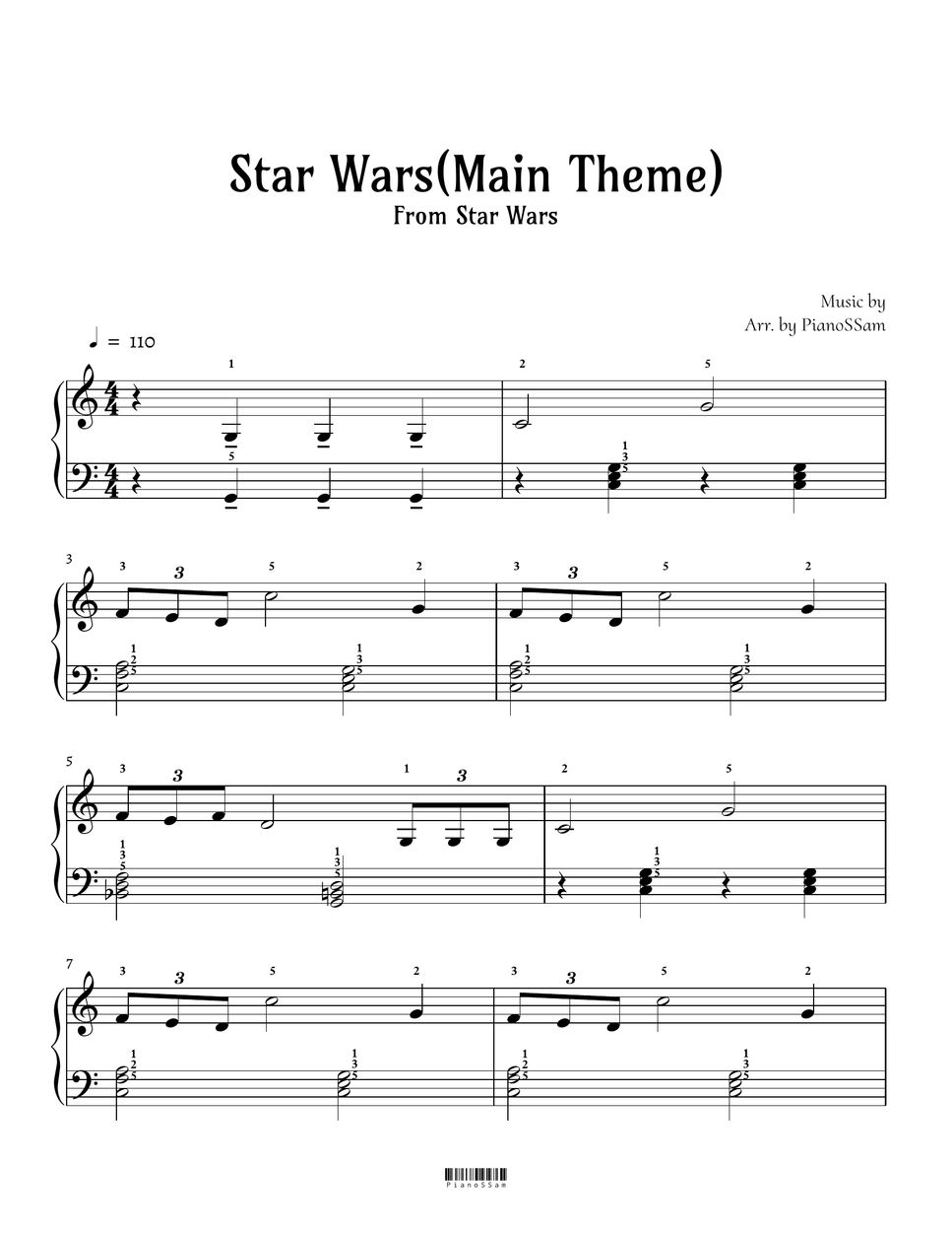 John Williams - [Easy] Star Wars Main Theme (Star Wars) Sheet by PianoSSam