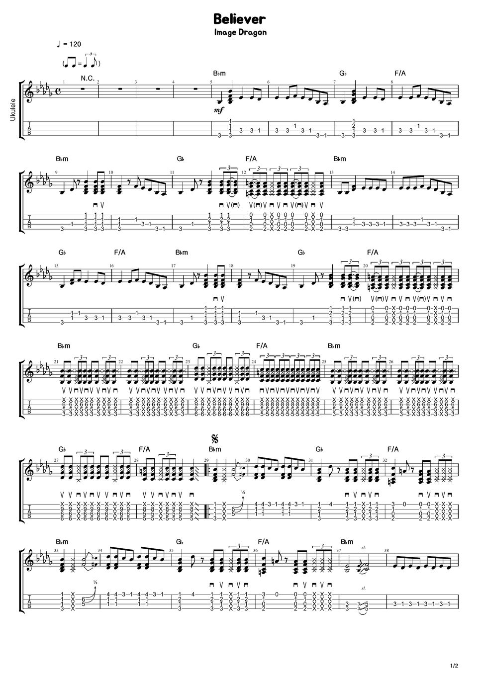 Imagine Dragons Believer (ukulele) Sheet by Realhulagirl