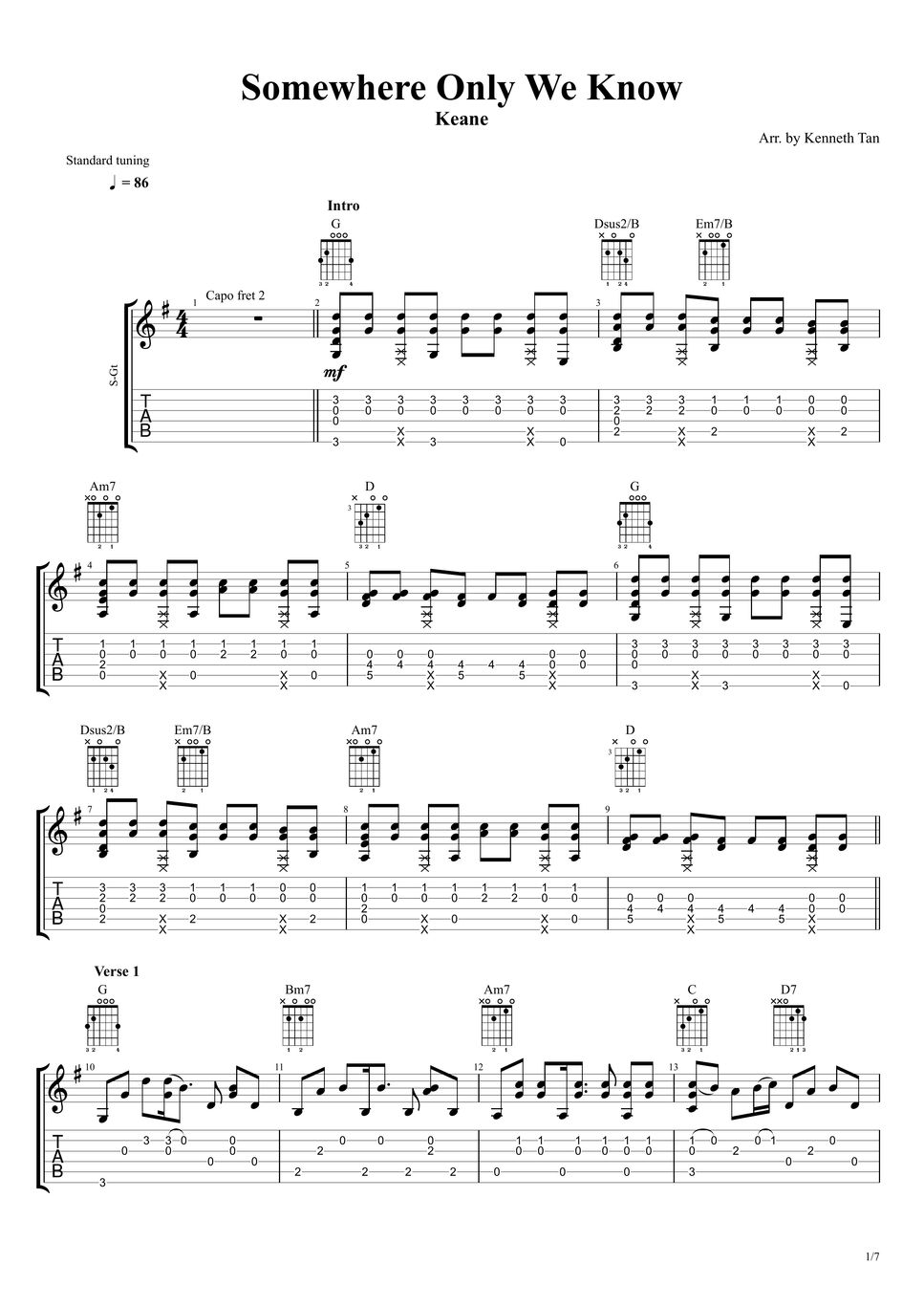 Keane Fingerstyle Guitar Somewhere Only We Know Sheets By Kenneth 