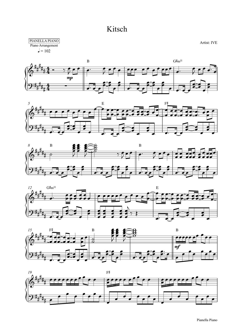 IVE - Kitsch (Piano Sheet) Partition Musicale By Pianella Piano