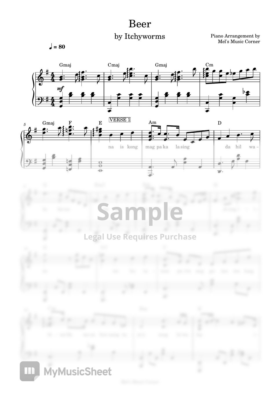 Itchyworms - Beer (piano sheet music) by Mel's Music Corner