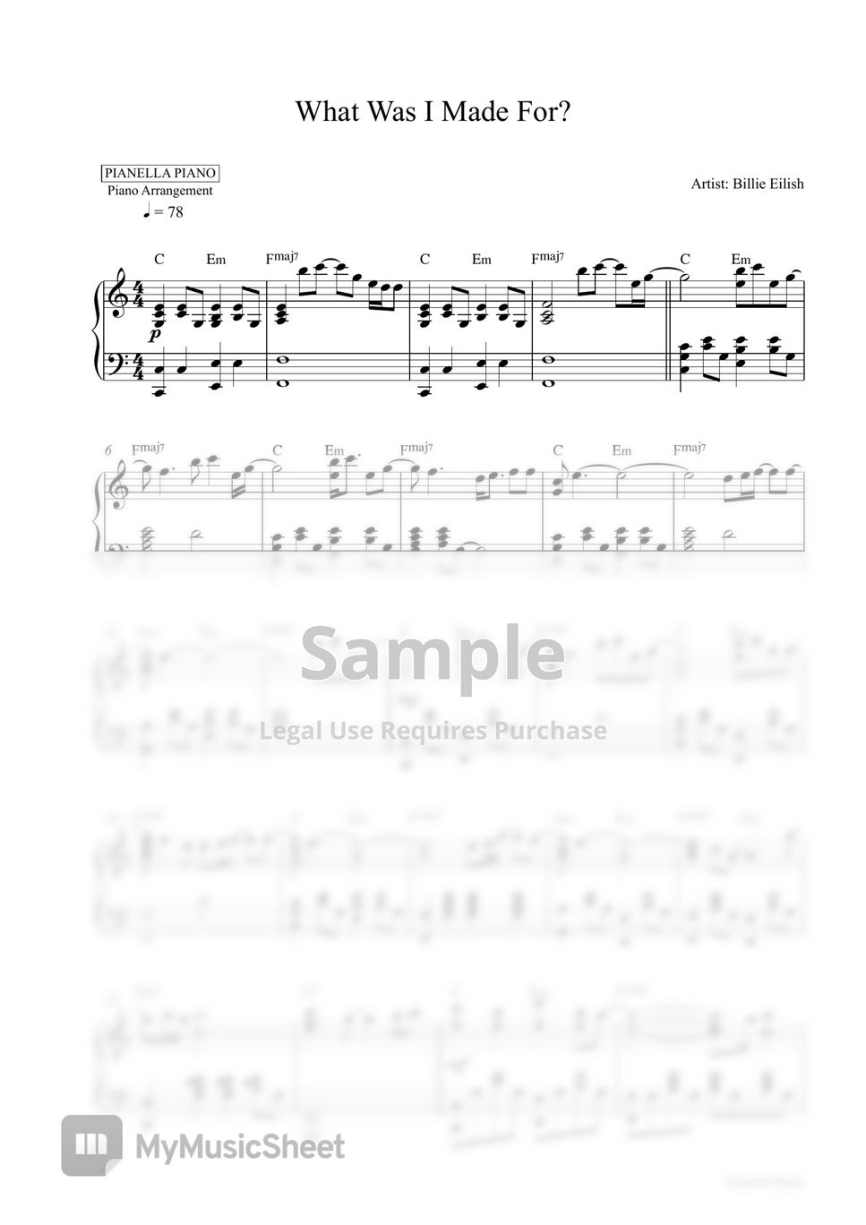 Billie Eilish - What Was I Made For? (Piano Sheet - Special Price $2) by Pianella Piano