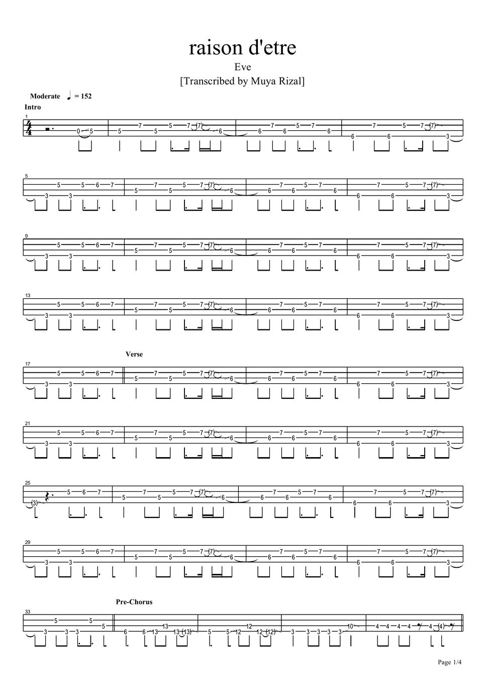 Eve - raison d’etre (Bass TAB) Sheets by Muya