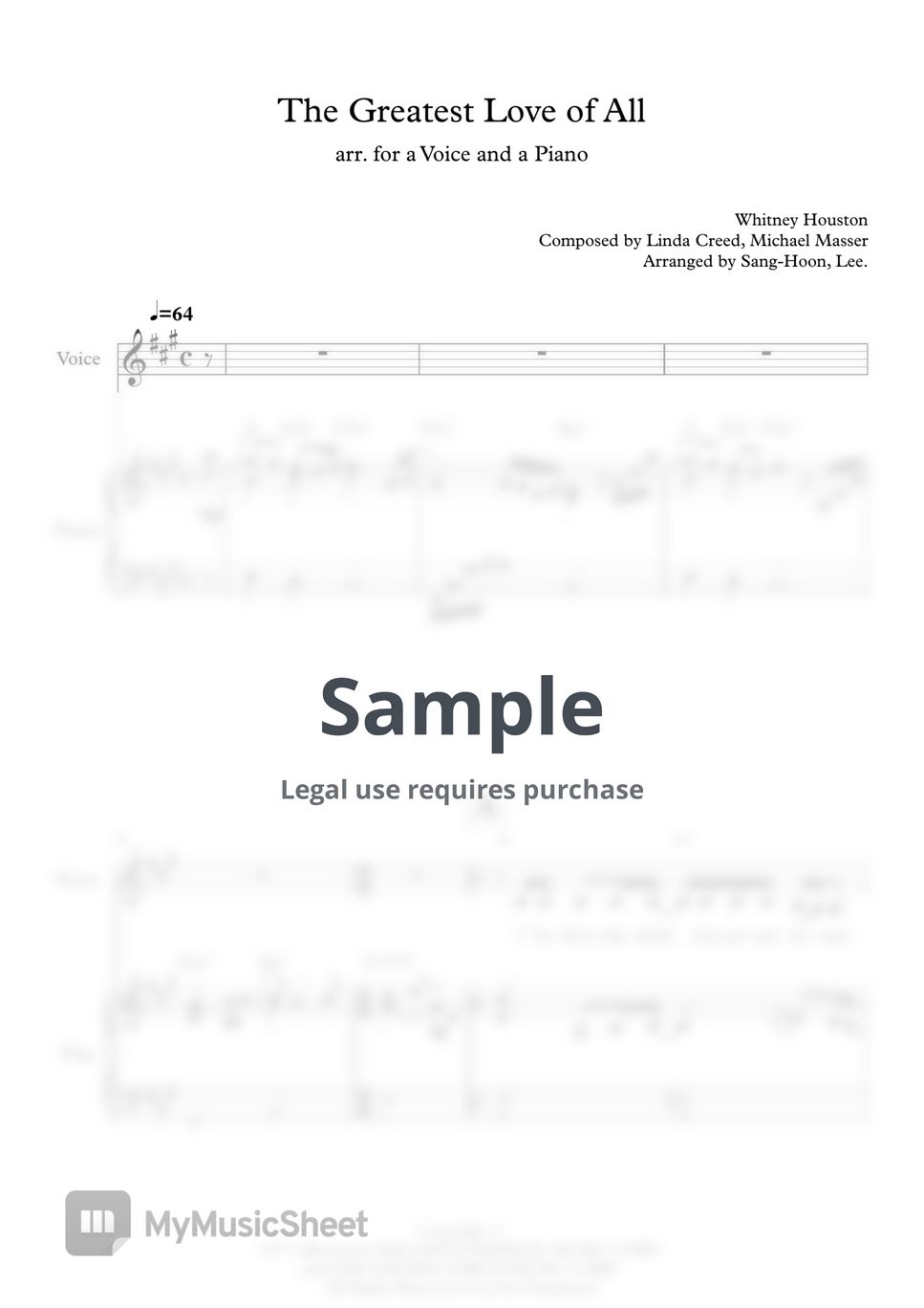 Whitney Houston - Whitney Houston - The greatest love of all - arr. for a Voice and a Piano (arr. for a Voice and a Piano / A Major) by Sang-Hoon, Lee.