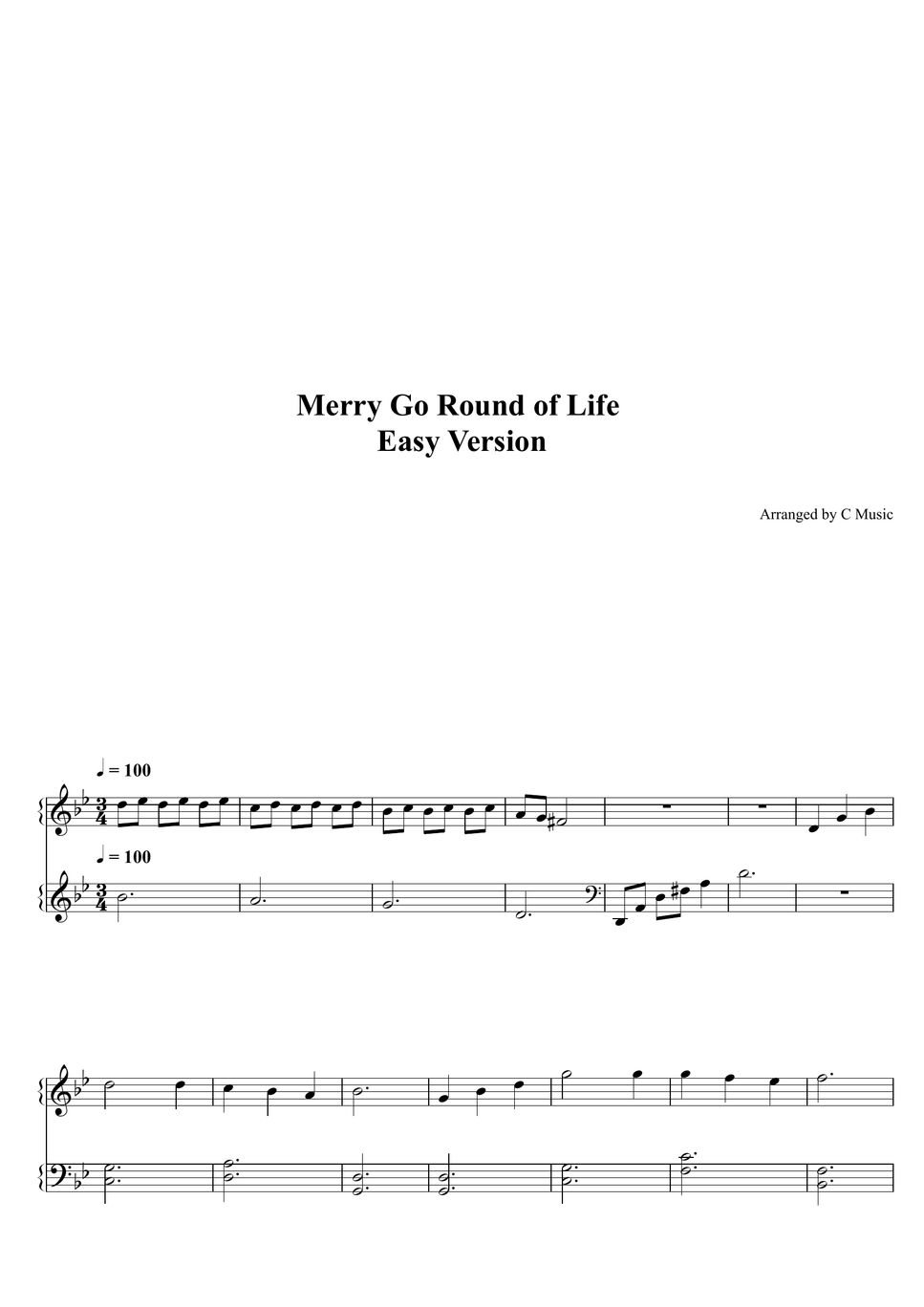 Joe Hisaishi Merry Go Round Of Life Easy Version Sheet By C Music