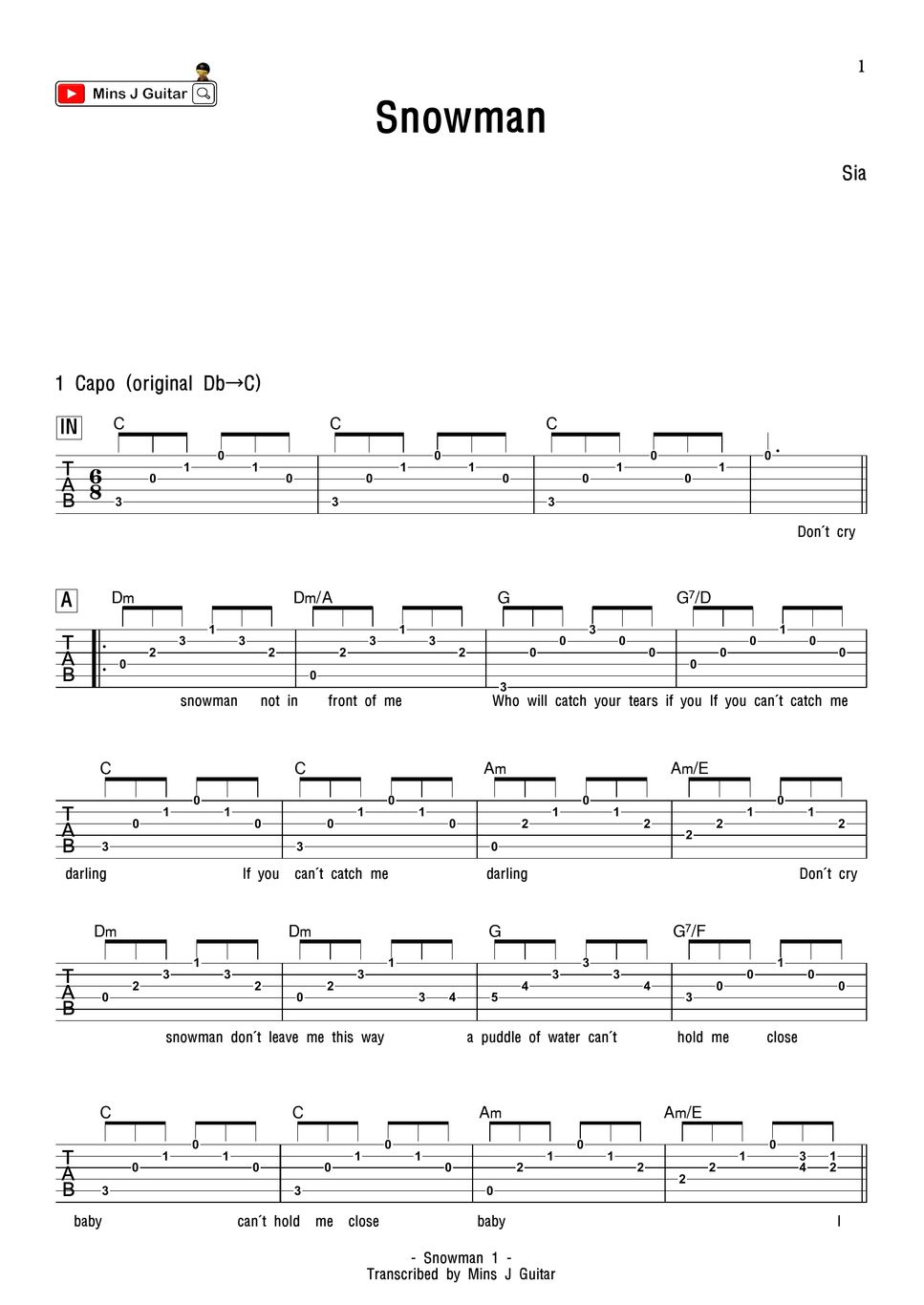 Sia Snowman Tabandchord Partition Musicale By Mins J Guitar 