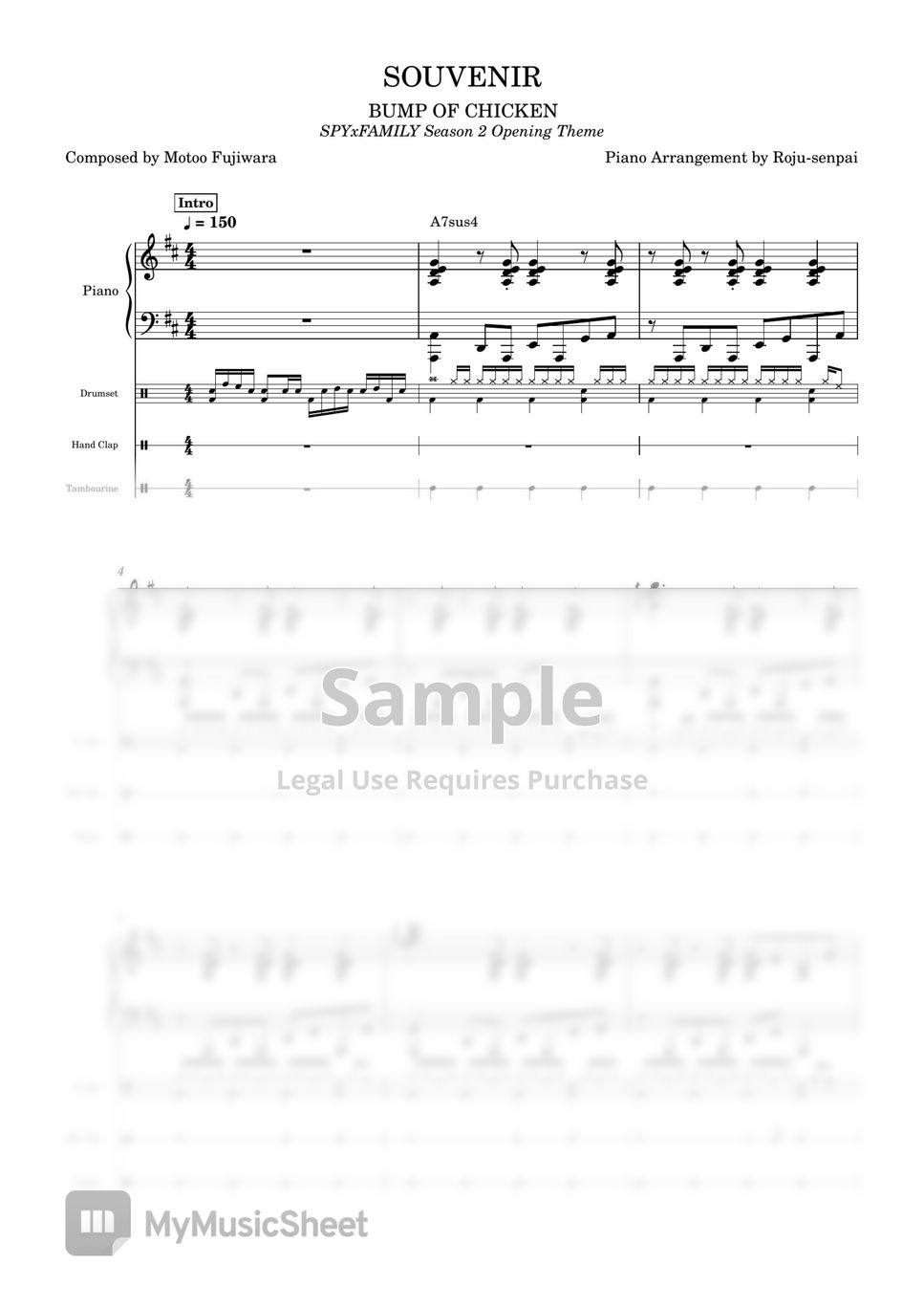 Bump of chicken souvenir piano drums sheet music with midi mscz